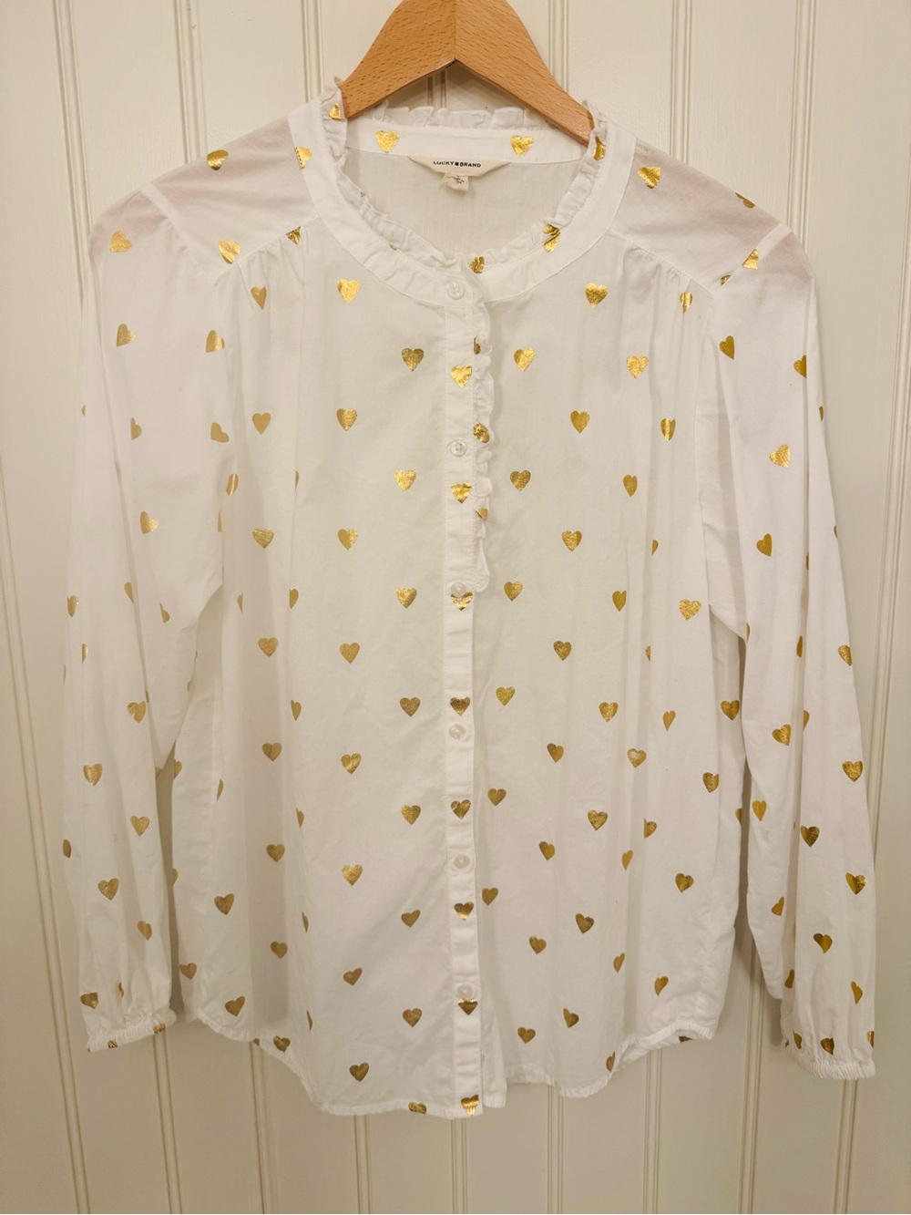 Lucky Brand White Blouse with Gold Heart Accents